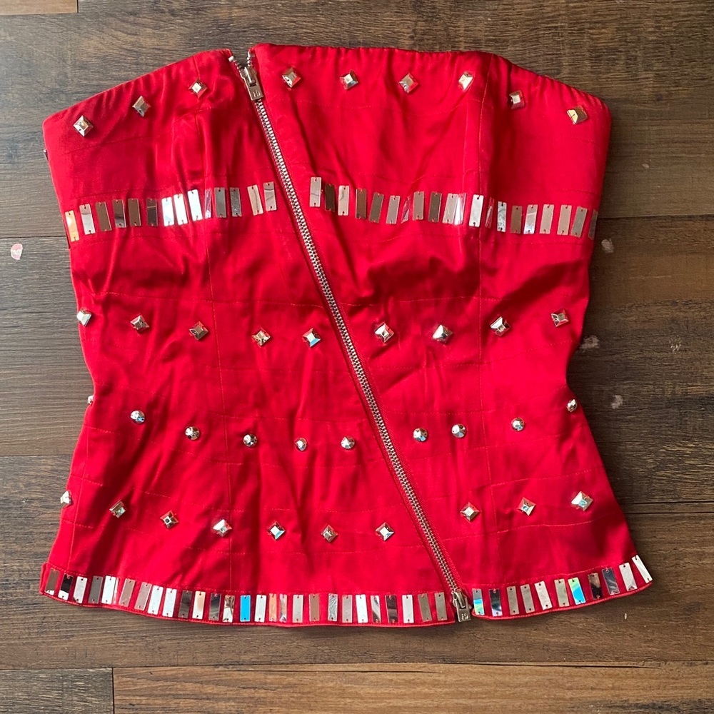 Y2K bebe Red Strapless Top with Metallic Accents